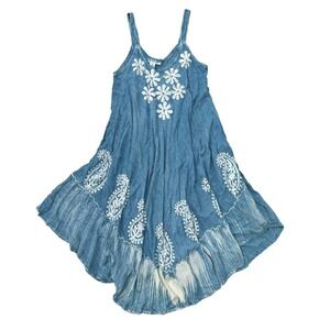 NWT!‎ Cute Options Blue Chambray Embroidered Dress Paisley Floral Free Size Boho
